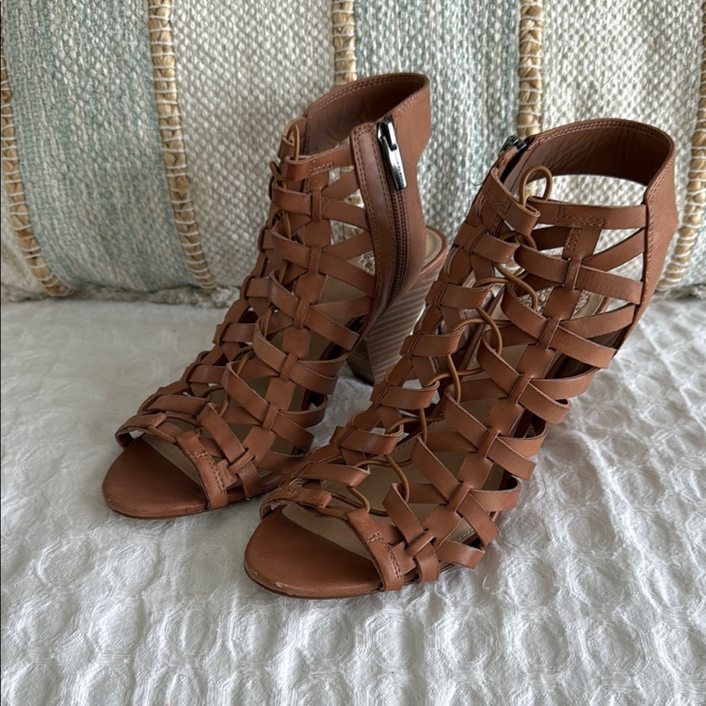 Vince Camuto Brown Woven Leather Heeled Sandals
